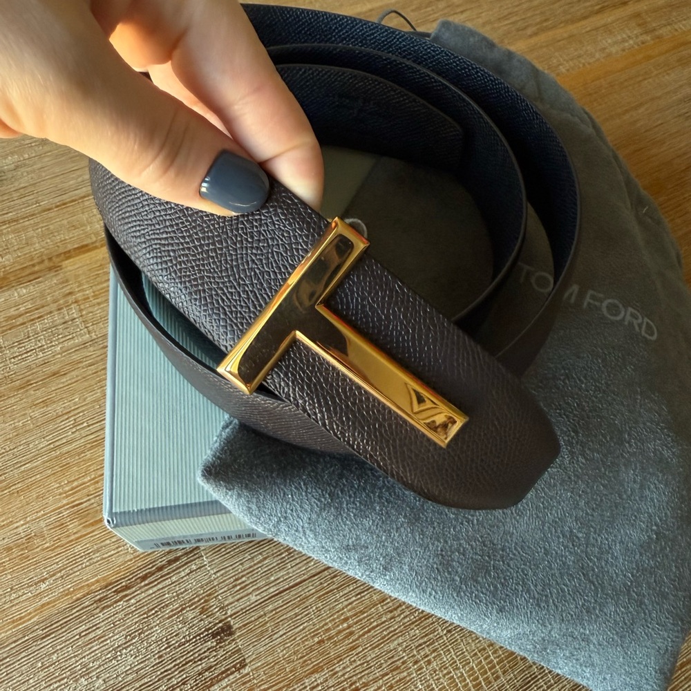 Tom Ford Black Brown Men’s Belt with Gold Buckle and Textured Leather